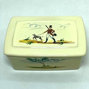 Italian Hand Painted Art Deco Ceramic Jewelry Trinket Box Signed Fox Hunt Dog
